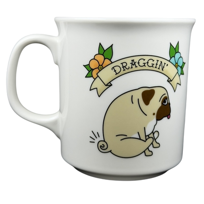 Fred Draggin Vintage Pug Dog Mug featuring a cute pug design and colorful flowers