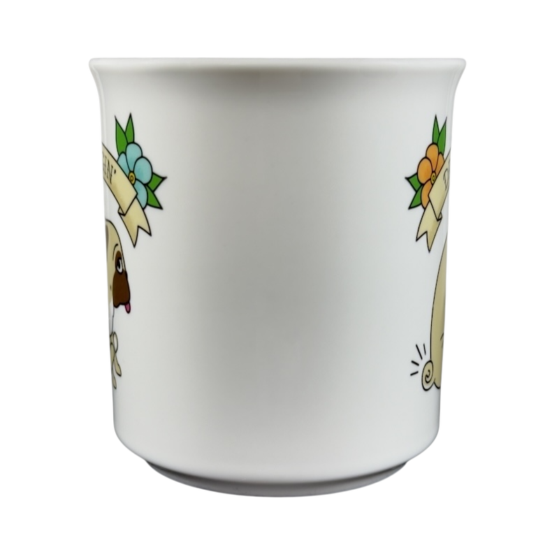 Fred draggin vintage pug dog mug featuring playful pug illustrations and colorful details