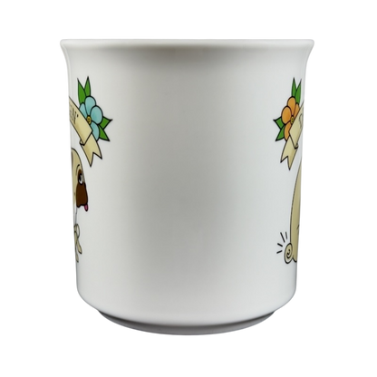 Fred draggin vintage pug dog mug featuring playful pug illustrations and colorful details