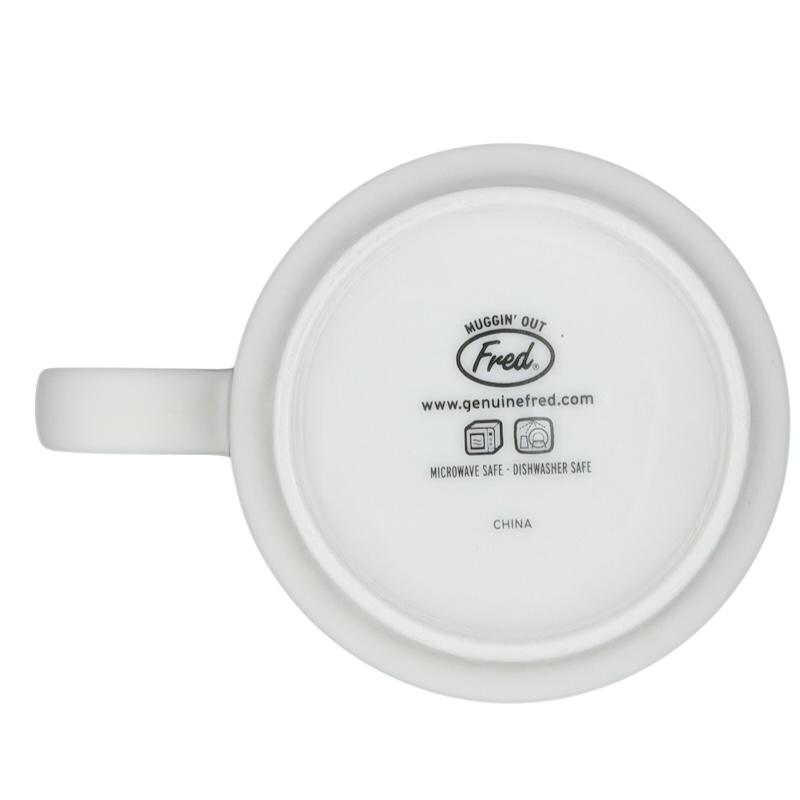 Bottom view of draggin vintage pug dog mug by Fred with logo and care instructions