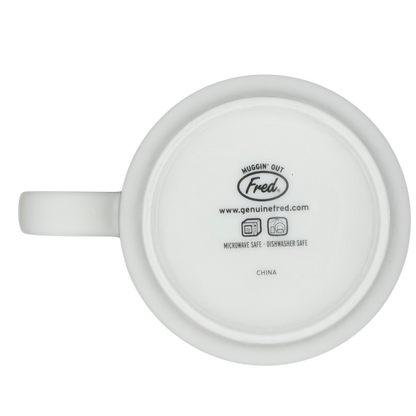 Bottom view of draggin vintage pug dog mug by Fred with logo and care instructions