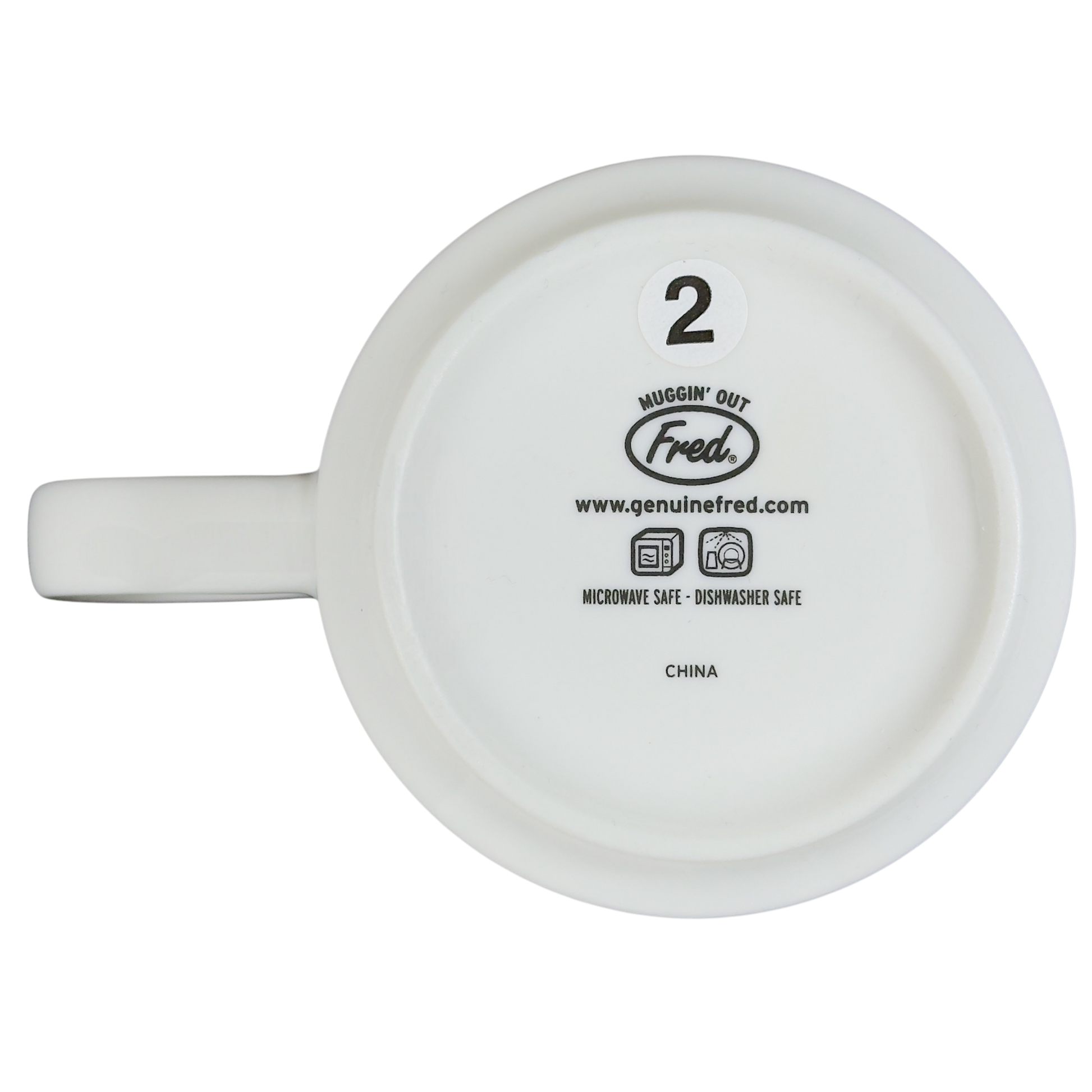 Bottom view of a Fred draggin vintage pug dog mug with care instructions and design details