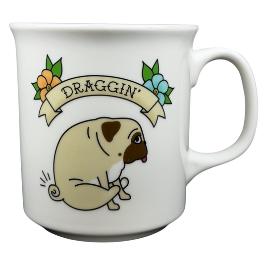 Draggin vintage pug dog mug featuring a cute illustrated pug and colorful flowers