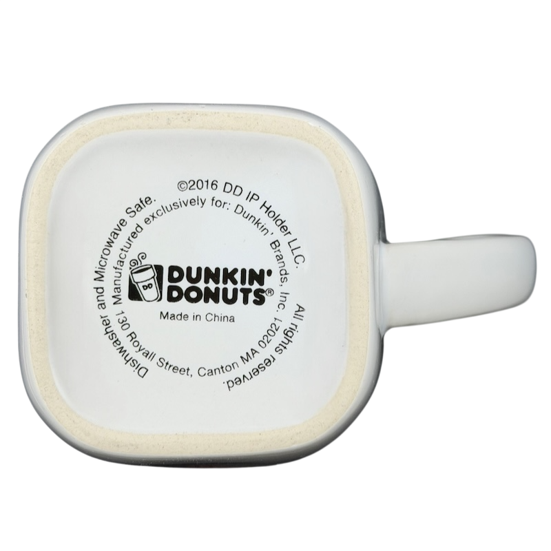 Bottom view of Dunkin Donuts CALIFORNIA Mug showing brand details and design.