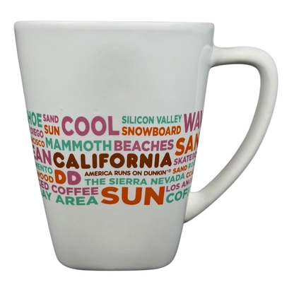 Dunkin Donuts CALIFORNIA Mug featuring colorful text related to California culture and cities