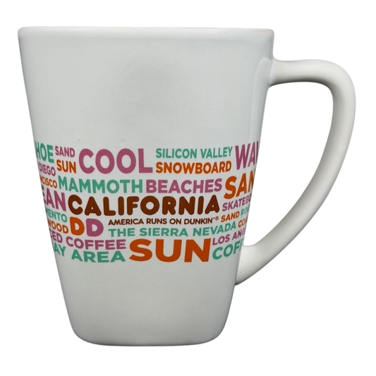 Dunkin Donuts CALIFORNIA Mug featuring colorful text related to California culture and cities
