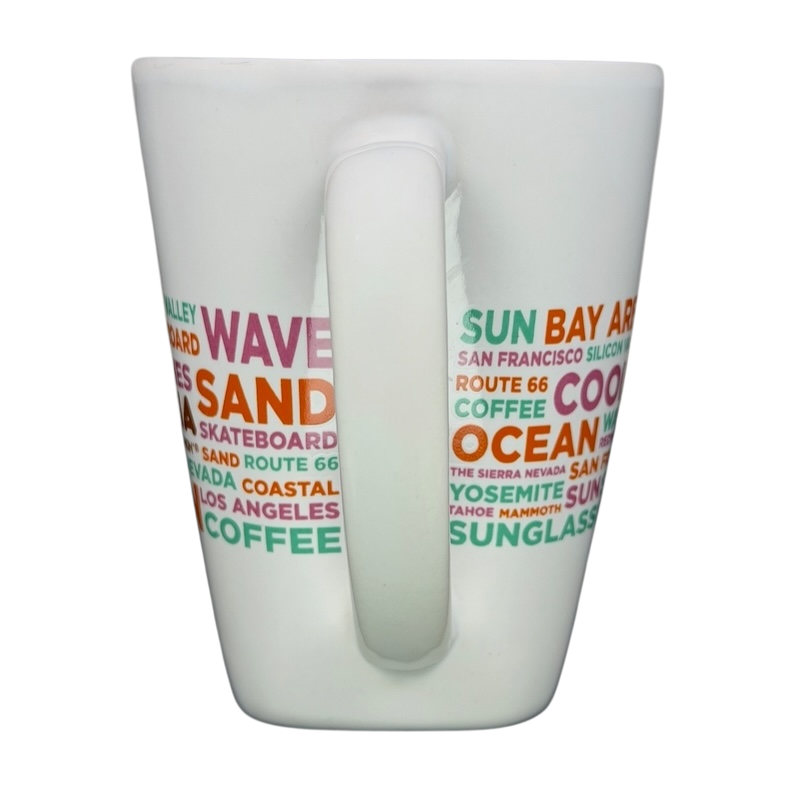 Dunkin Donuts CALIFORNIA Mug featuring vibrant city names and sunny California themes
