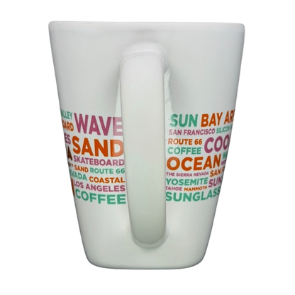 Dunkin Donuts CALIFORNIA Mug featuring vibrant city names and sunny California themes