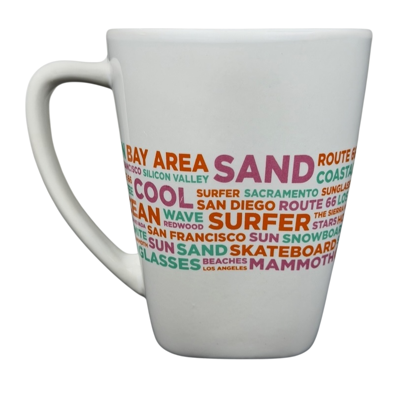 Dunkin Donuts CALIFORNIA Mug featuring colorful text with iconic California themes and locations