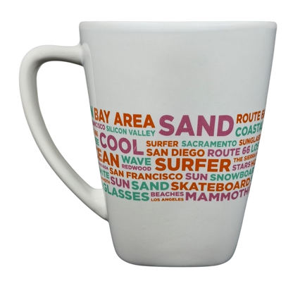 Dunkin Donuts CALIFORNIA Mug featuring colorful text with iconic California themes and locations