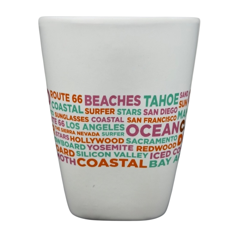 Dunkin Donuts CALIFORNIA Mug featuring colorful text about California attractions and themes