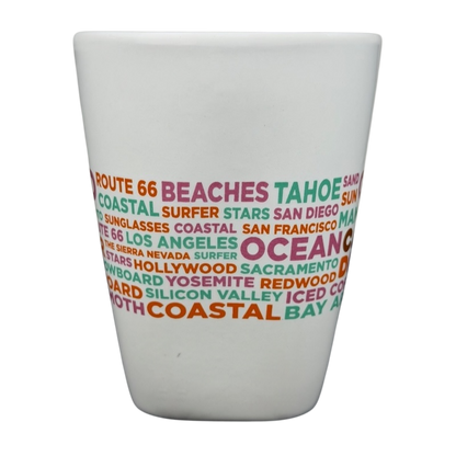 Dunkin Donuts CALIFORNIA Mug featuring colorful text about California attractions and themes