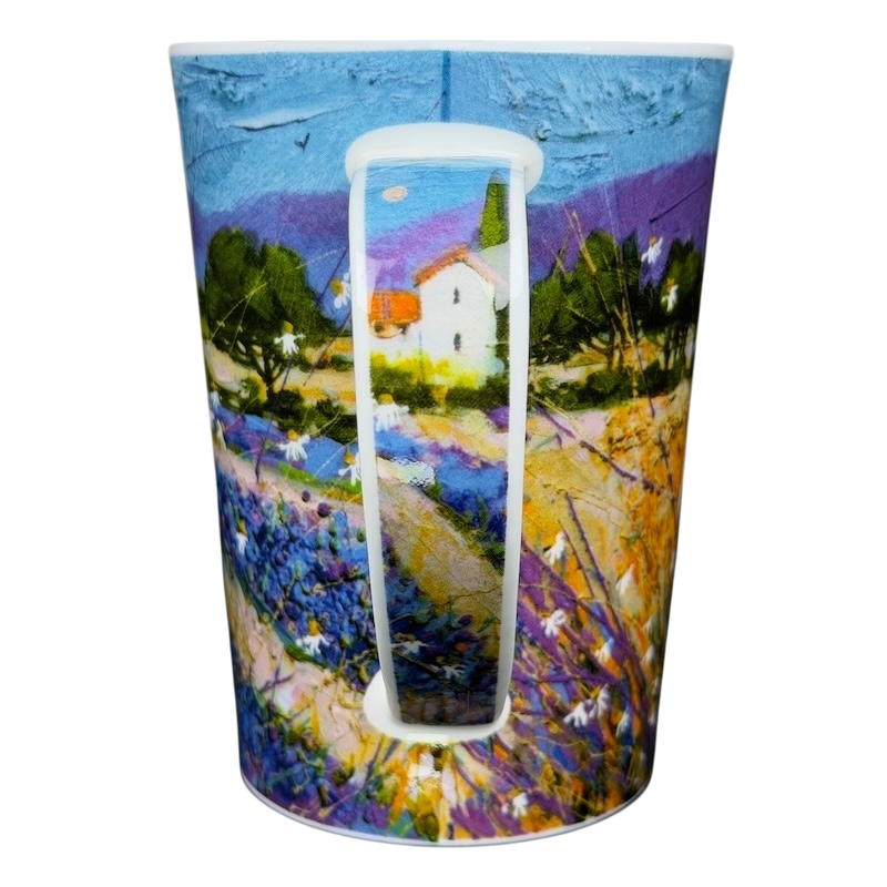 Bella Vista Deborah Phillips Mug Dunoon featuring a vibrant landscape design with a church and lavender fields