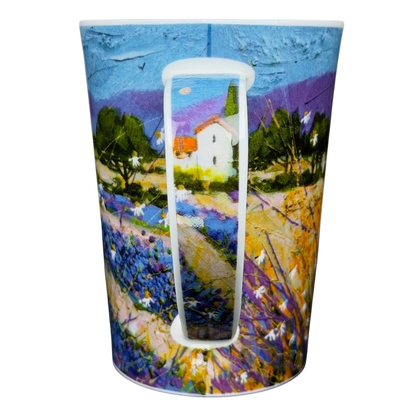 Bella Vista Deborah Phillips Mug Dunoon featuring a vibrant landscape design with a church and lavender fields