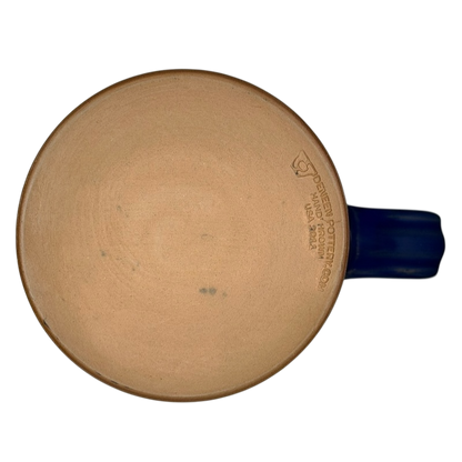 Bottom view of East Shore Lodging Deneen mug Lake Wallenpaupack with signature and blue handle