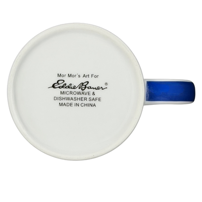 Bottom view of Eddie Bauer countryside picnic mug showing logo and microwave safe details