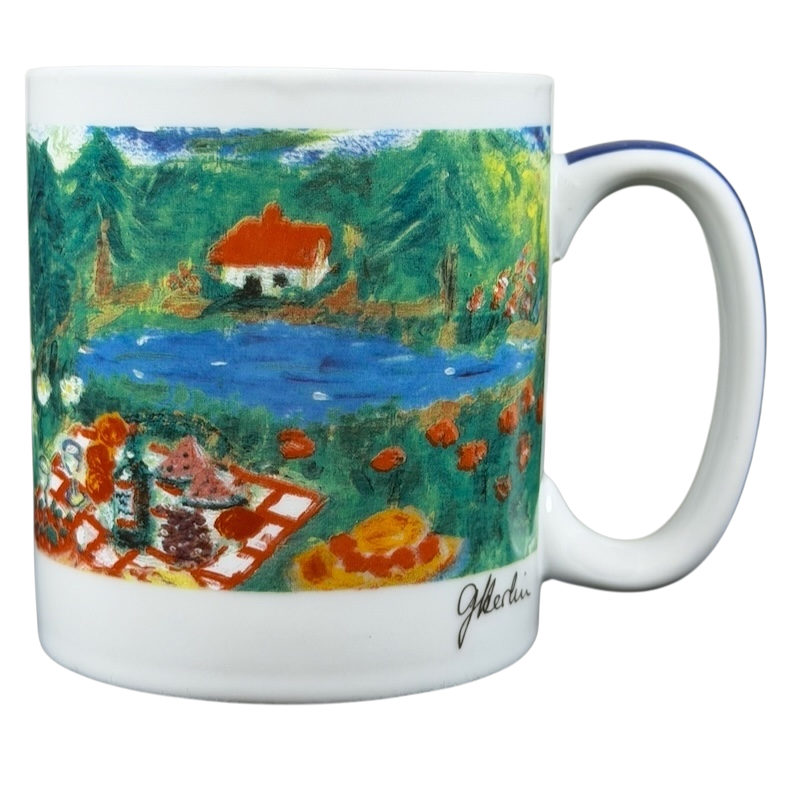 Eddie Bauer countryside picnic mug featuring a vibrant landscape with a scenic picnic setting