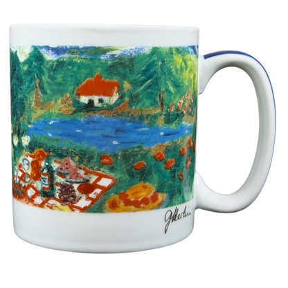 Eddie Bauer countryside picnic mug featuring a vibrant landscape with a scenic picnic setting