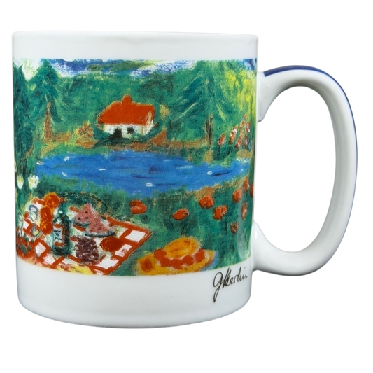 Eddie Bauer countryside picnic mug featuring a vibrant landscape with a scenic picnic setting
