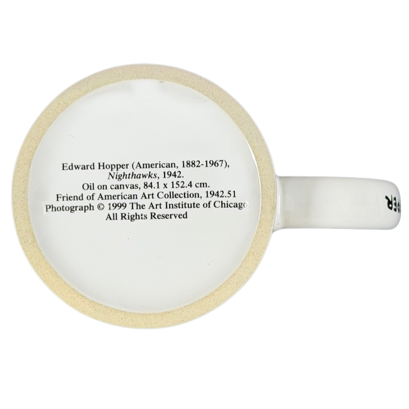Bottom view of Copco Edward Hopper Nighthawks mug showcasing art details and description