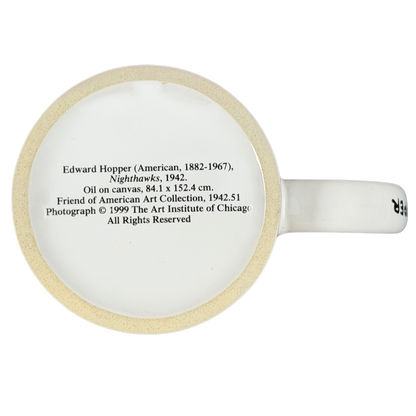 Bottom view of Copco Edward Hopper Nighthawks mug showcasing art details and description