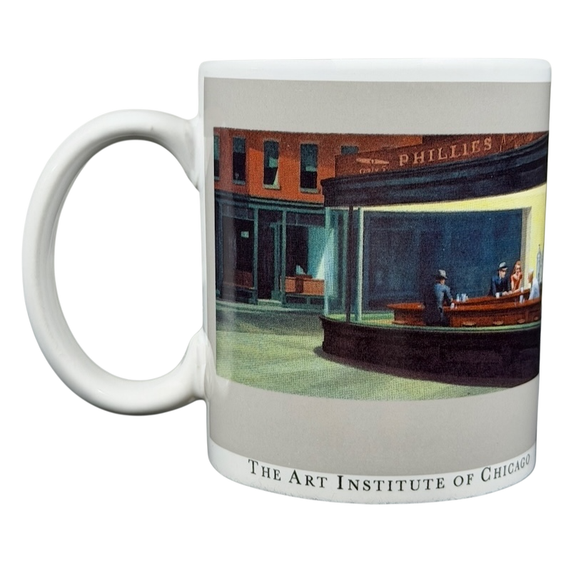 Edward Hopper Nighthawks mug featuring iconic diner scene from the Art Institute of Chicago