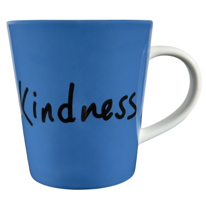 Royal Doulton blue Ellen Degeneres collectible kindness mug with white handle and handwritten text