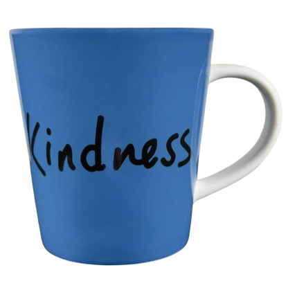 Royal Doulton blue Ellen Degeneres collectible kindness mug with white handle and handwritten text