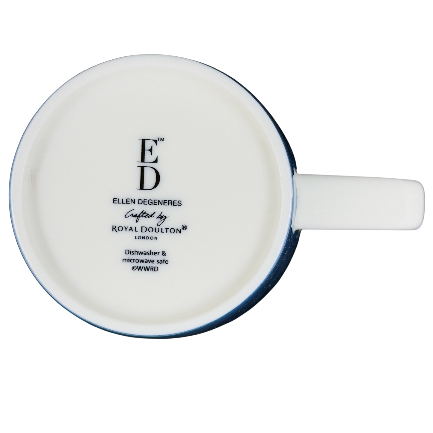 Bottom view of Royal Doulton Ellen Degeneres collectible kindness mug showing logo and dishwasher safe label