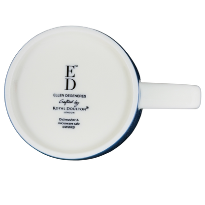 Bottom view of Royal Doulton Ellen Degeneres collectible kindness mug showing logo and dishwasher safe label