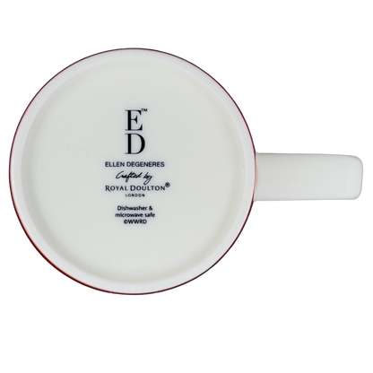 Bottom view of Ellen Degeneres collectible smile mug by Royal Doulton showing brand markings and dishwasher microwave safe label