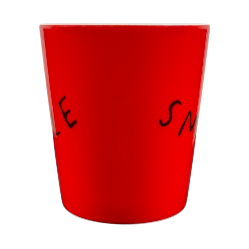 Royal Doulton bright red Ellen Degeneres collectible smile mug with black handwritten style text