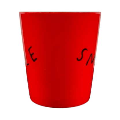 Royal Doulton bright red Ellen Degeneres collectible smile mug with black handwritten style text