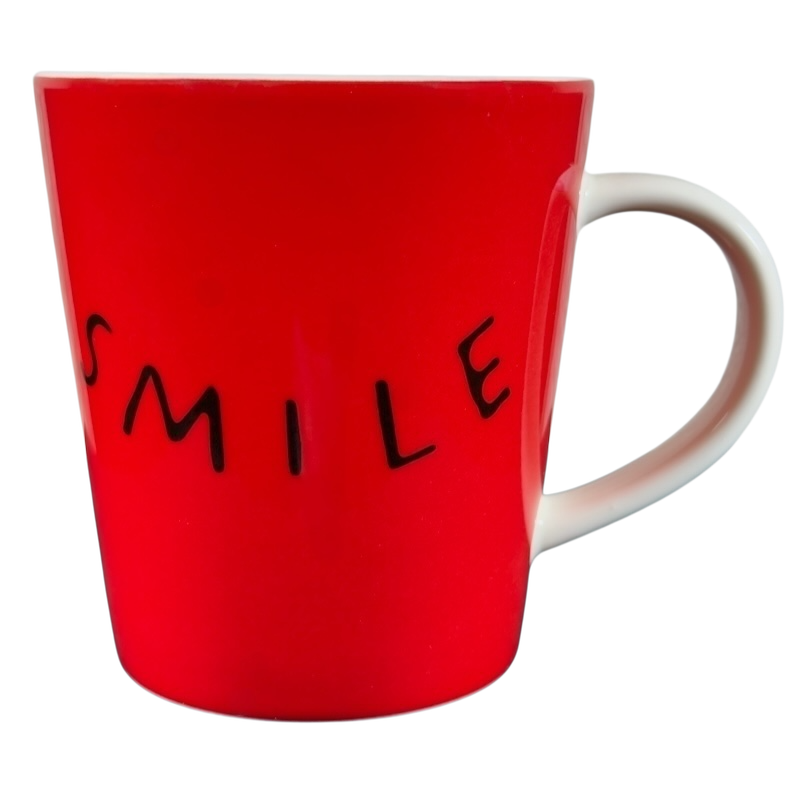 Red Ellen Degeneres collectible smile mug by Royal Doulton with black smile text and white handle