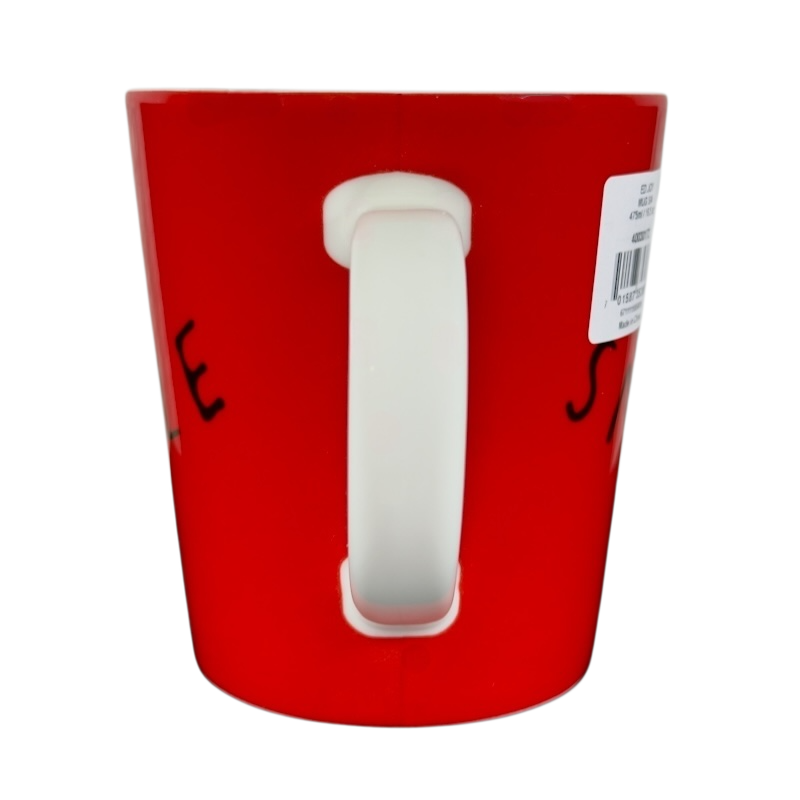Red Ellen Degeneres collectible smile mug by Royal Doulton with white handle and barcode label