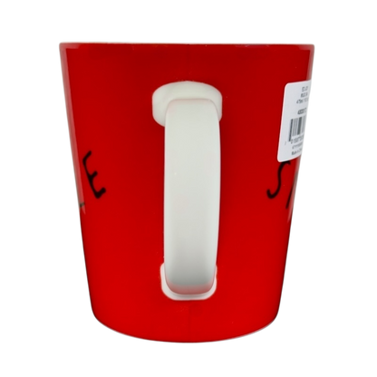 Red Ellen Degeneres collectible smile mug by Royal Doulton with white handle and barcode label
