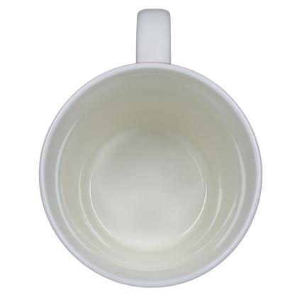 Empty white Ellen Degeneres collectible smile mug by Royal Doulton shown from top view