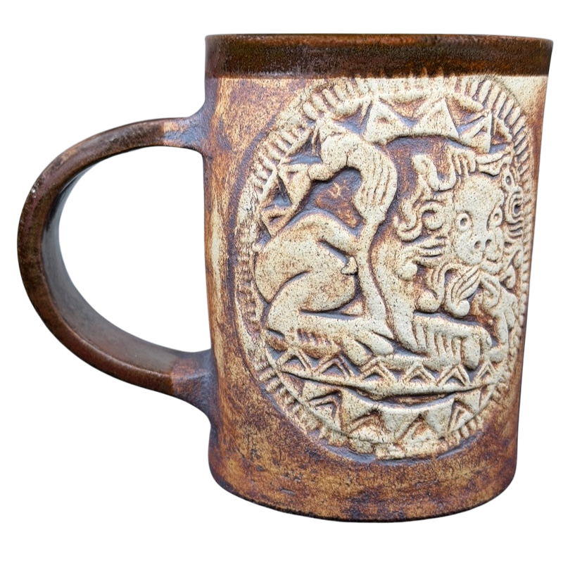 English Pottery Lion Mug Quantock Design featuring intricate lion motif and textured surface