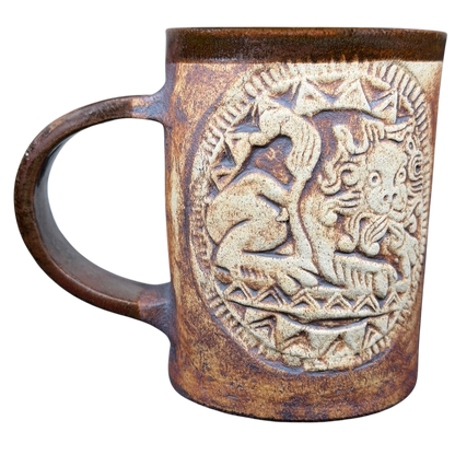 English Pottery Lion Mug Quantock Design featuring intricate lion motif and textured surface