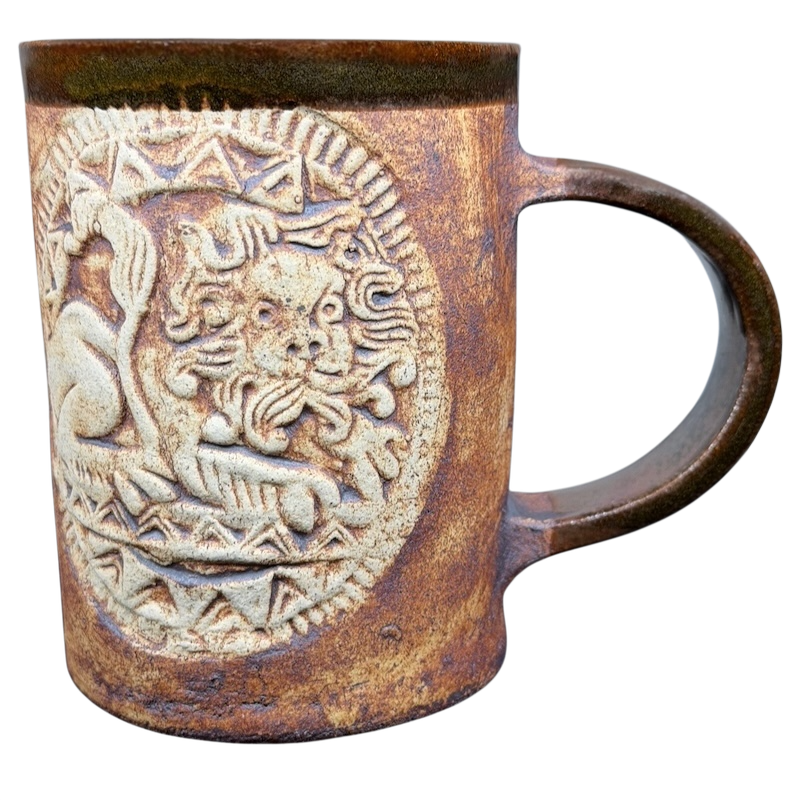 English Pottery Lion Mug Quantock Design with intricate lion relief and rustic finish