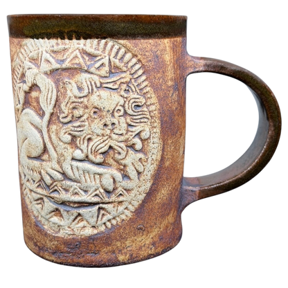 English Pottery Lion Mug Quantock Design with intricate lion relief and rustic finish