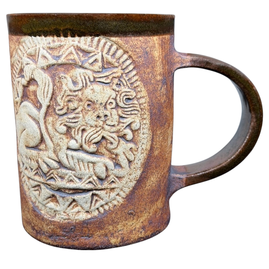 English Pottery Lion Mug Quantock Design with intricate lion relief and rustic finish