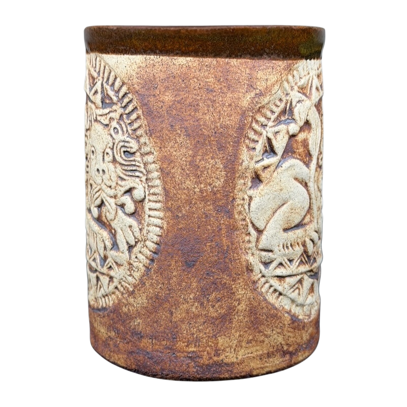 English Pottery Lion Mug Quantock Design with intricate lion and figure relief sculptures