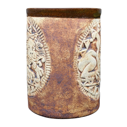 English Pottery Lion Mug Quantock Design with intricate lion and figure relief sculptures