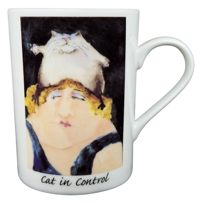 Erika Oller Cat In Control mug featuring a whimsical design of a woman with a cat on her head