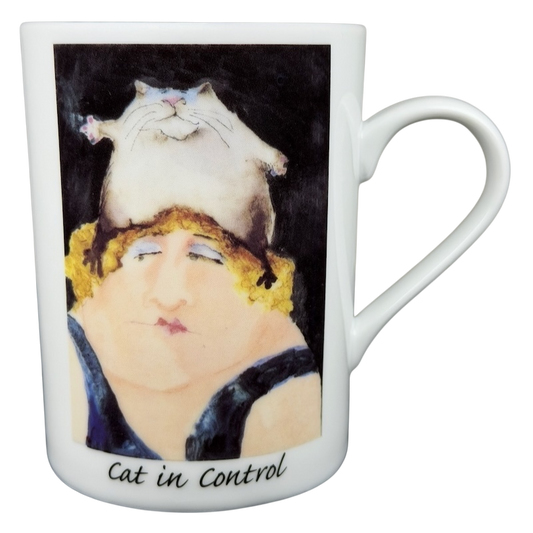 Erika Oller Cat In Control mug featuring a whimsical design of a woman with a cat on her head