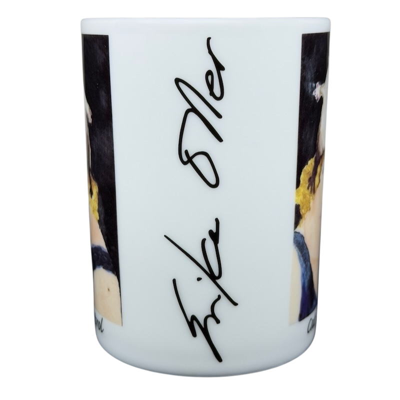 Erika Oller Cat In Control mug featuring artist's signature with a unique design