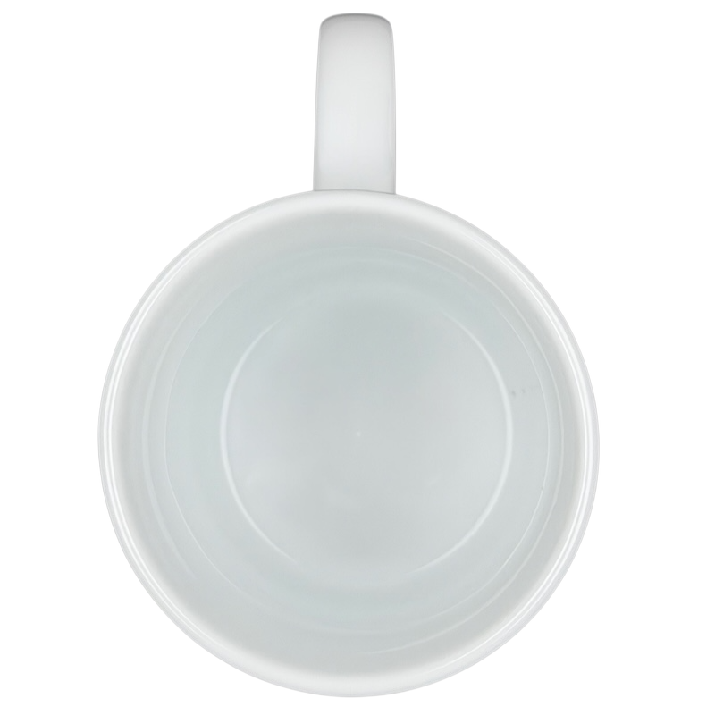 Top view of a white Erika Oller Cat In Control mug with a smooth rim and simple design