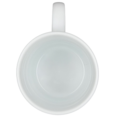 Top view of a white Erika Oller Cat In Control mug with a smooth rim and simple design