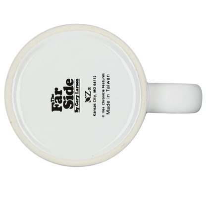 Bottom view of The Far Side Dial-a-Cat mug featuring logo and made in Taiwan label